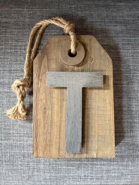 Wood Tag Wall Accent with Gray Letter T